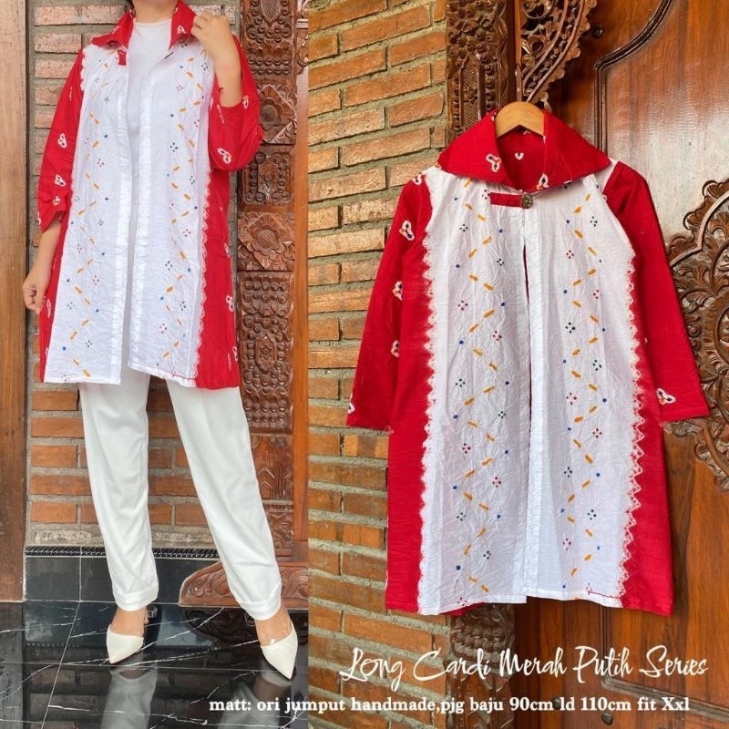 Outer Jumputan Merah Putih Bolero Vest Cardigan Outer Jumputan 2Tone Wanita Modern Batik Kerja Batik