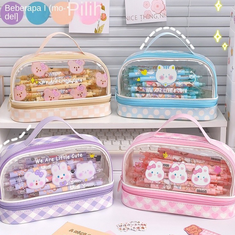 

Tas pensil transparan berkapasitas besar ganda untuk anak perempuan siswa sekolah dasar siswa sekolah menengah pertama tempat pensil bernilai tinggi tas pensil wanita tas pensil lucu KODE N4C7