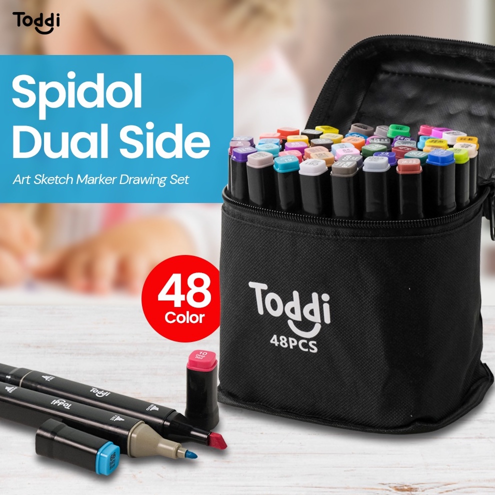 

Toddi Spidol Dual Side Fine Art Brush Art Marker Set 1 and 6mm Tip 48 Warna CY6 Black KODE D8Z3