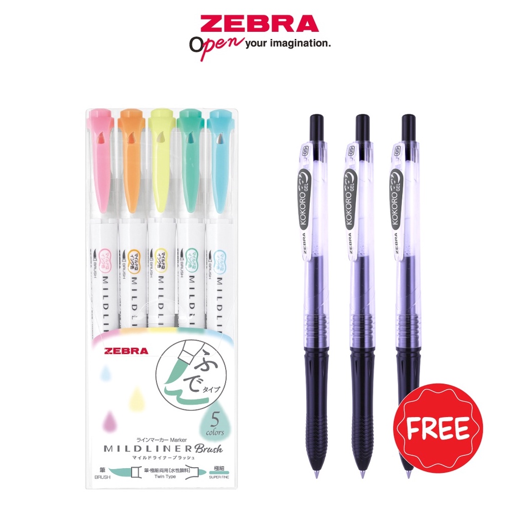 

KODE J7X7 Zebra Mildliner Brush Pen Marker Double Ended set 5 pcs free Kokoro Pulpen 3 pcs