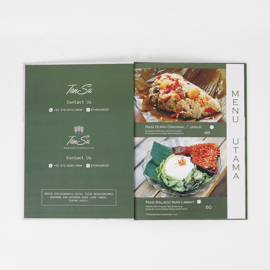 

RB Cetak Buku Menu Waterproof Fancy Print Menu Restoran Cafe A4 Jilid Baut Custom Selaras Printing