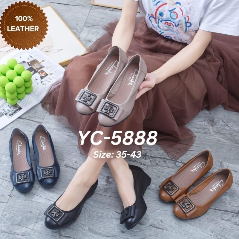 Sepatu Clarks YC5888 Cloverleaf Leather Wedge 4cm / sepatu kerja kantor wanita kulit asli hak wedge