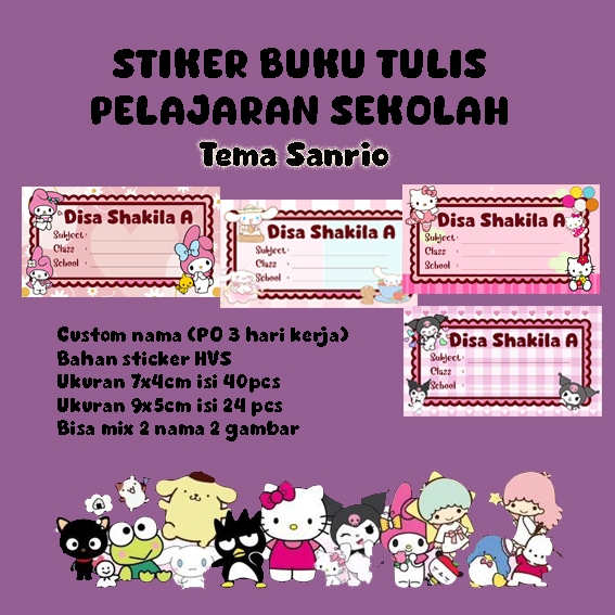 

Stiker Label Buku Tulis Pelajaran Custom Nama/Tema SANRIO, HelloKitty, Cinnamoroll, dll