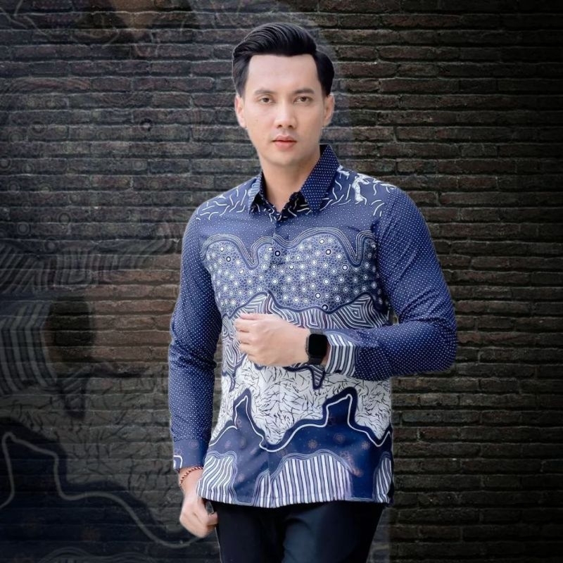 KEMEJA BATIK PRIA OMBAK BIRU BAJU BATIK PRIA LENGAN PANJANG EKSLUSIF M L XL XXL