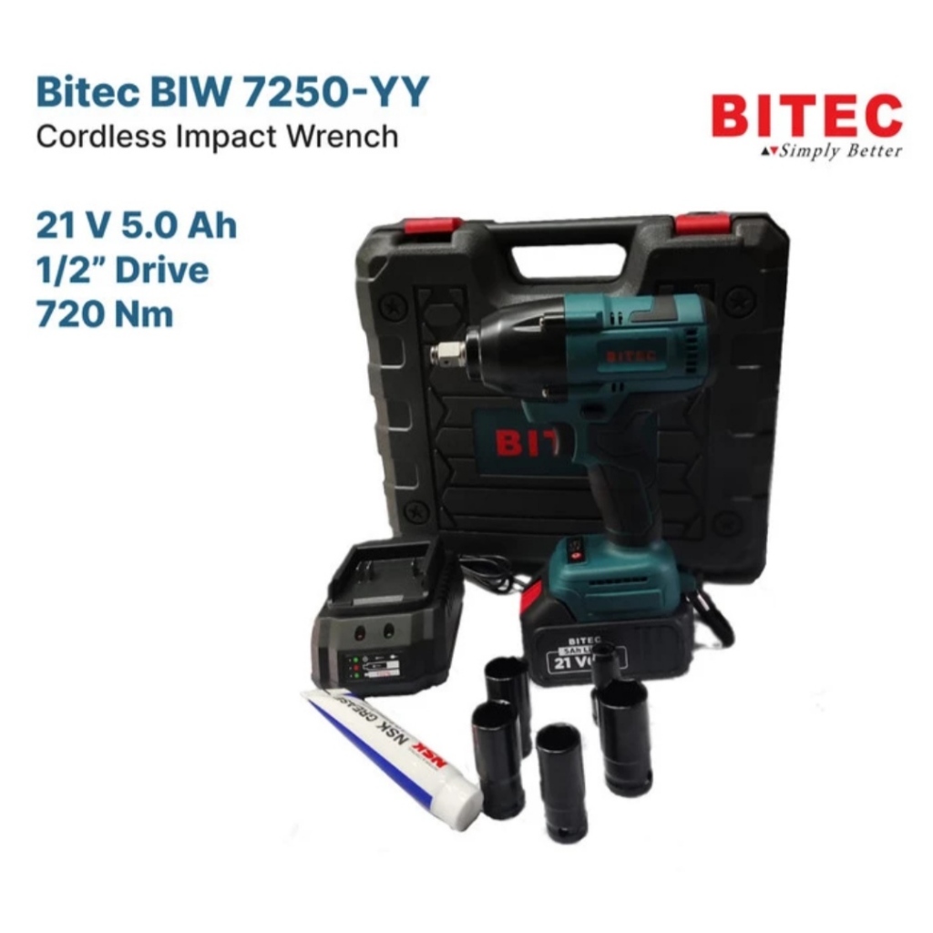 BITEC Impact wrench pembuka baut 720Nm jumbo heavy duty - impact buka baut cordless 1 Baterai 5Ah