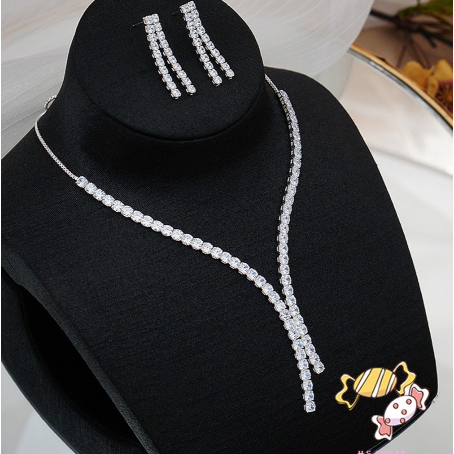 2IN1 Set Perhiasan Berlian Simpel Kalung Imitasi Pengantin Pesona Anting