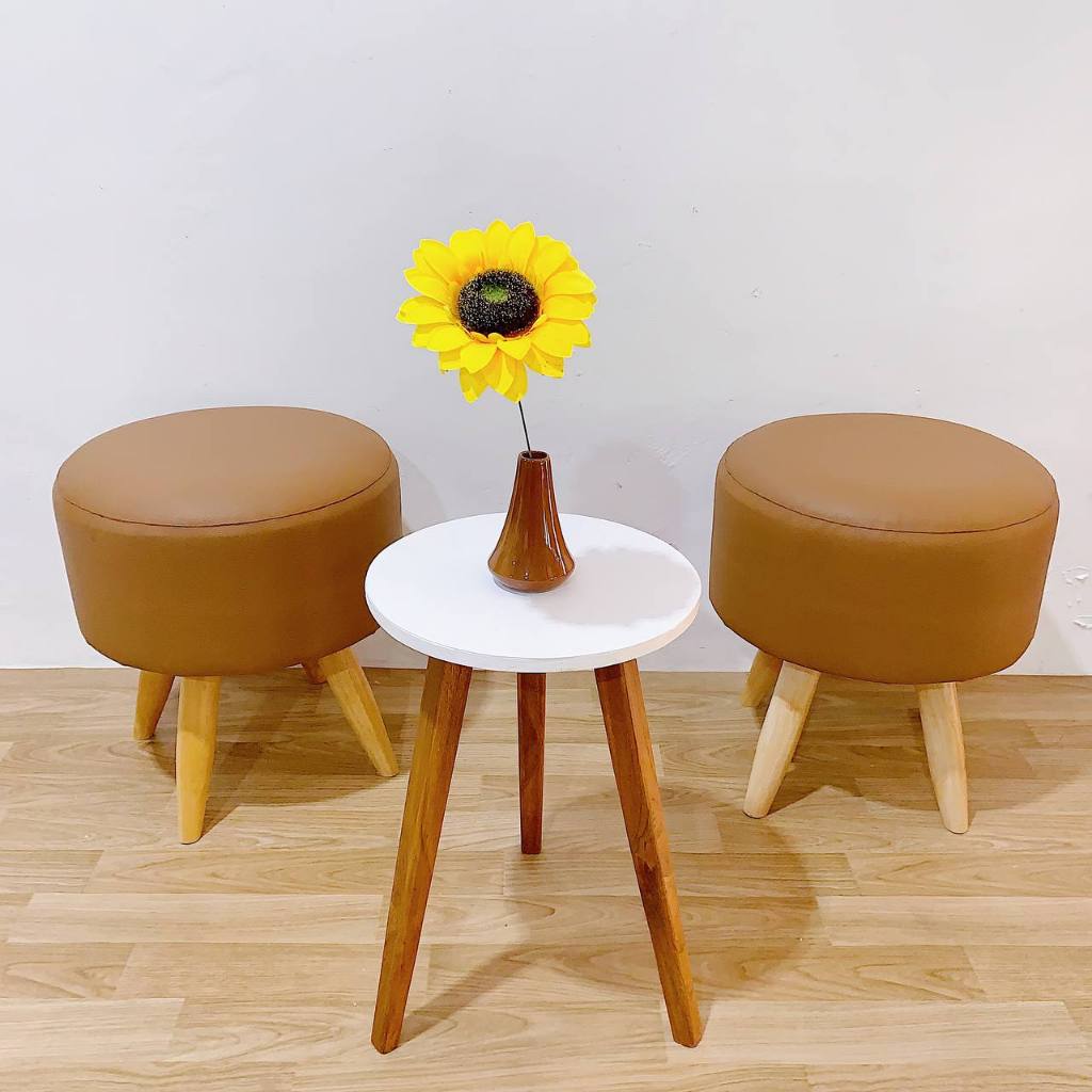 Set Stool Oscar Lengkap Meja Bulat Kayu Sofa Stool Kursi Bulat Kain Oscar