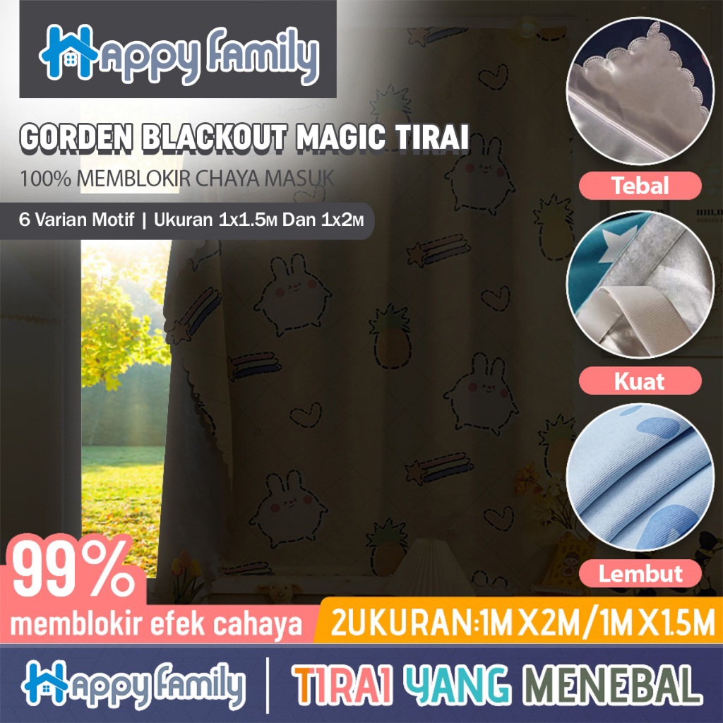 (HF) Gorden Blackout Magic Tirai Hordeng Pasang Gorden Tanpa Bor Dan Paku Gordyn Premium Tebal 2 UK