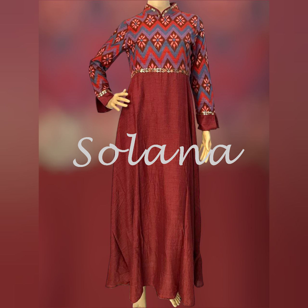 Solana 754901 Gamis Payet Wanita Polos Linen Kombinasi Batik Tenun - S M L XL