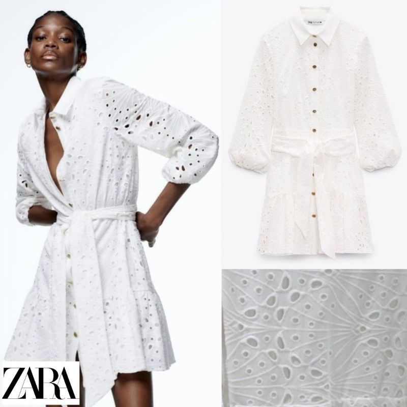[ZARA] SS22 Eyelet Mini Dress Cutwork Embroidery Collar Shirt With Belt Gold Button Long Puff Sleeve