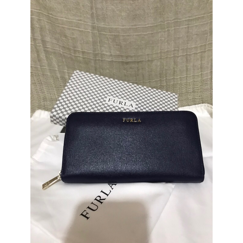 Preloved Furla leather long wallet navy / dompet kulit furla second very good conditon like new