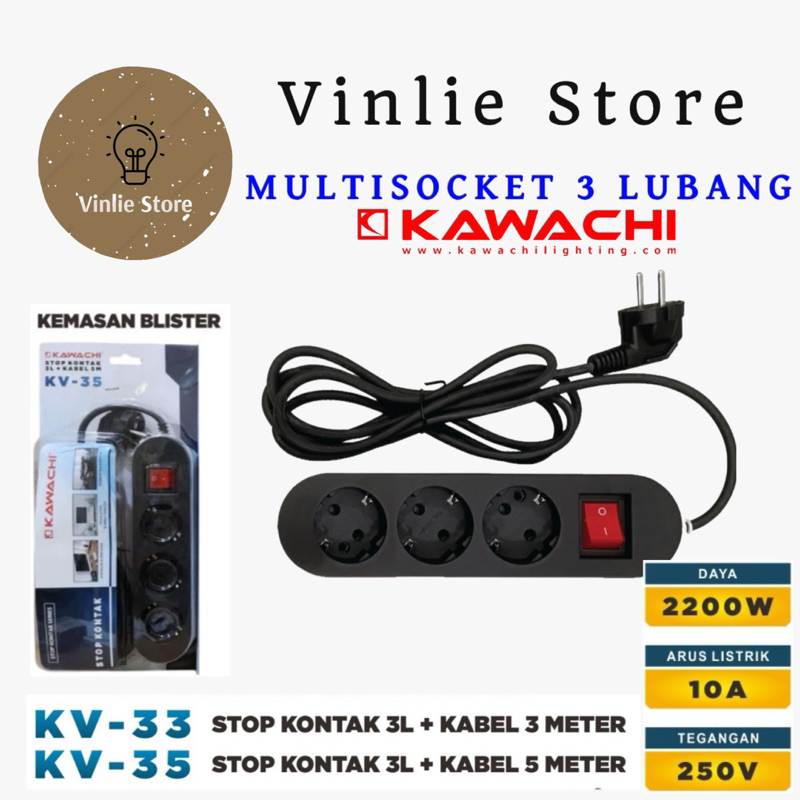 stop kontak kabel cok sambung 3 lubang (3meter / 5meter) kawachi multisocket