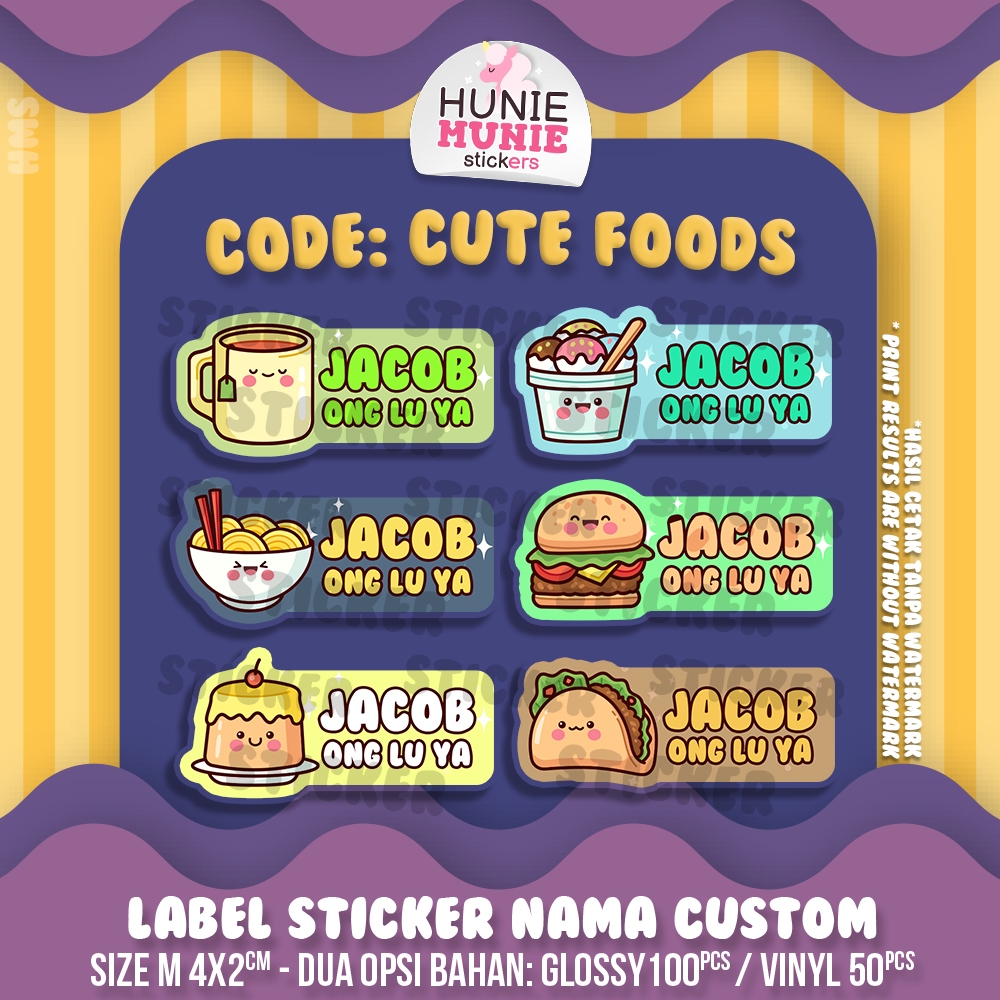 

Sticker Label Nama Custom - Cute Foods (100pcs+) Sushi Burger Food Makanan Lucu Imut - Name Hunie Munie