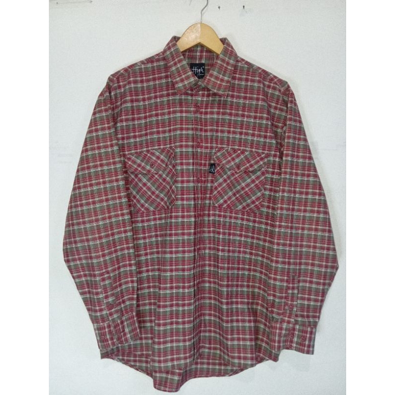 Kemeja Flanel Pria Merek High Motif Kotak Kotak Warna Hijau Coklat Putih Lengan Panjang Size XL