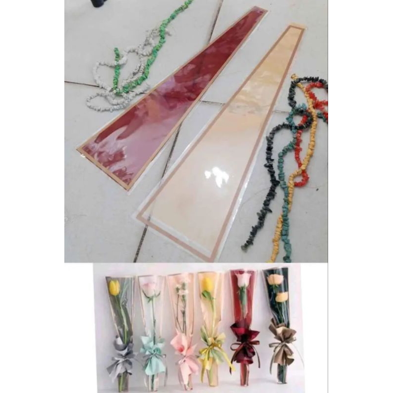 

kertas buket cellophane satu tangkai dilengkapi dengan mika bagian depan