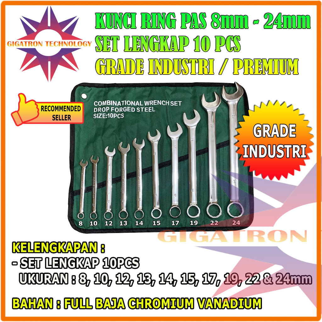 Kunci Ring Pas Set Pas 8-24mm Set 10 PCS Kunci Ring Pas Set Tools Set Kunci Ring Pas 8-24mm Alat