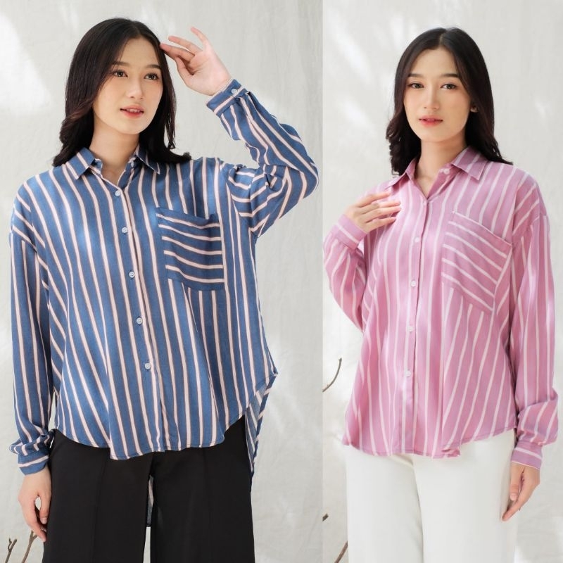 Kemeja Stripe Wanita Motif Garis Kemeja Salur Wanita Oversize LD 120 Kemeja Garis Rayon Salur Wanita