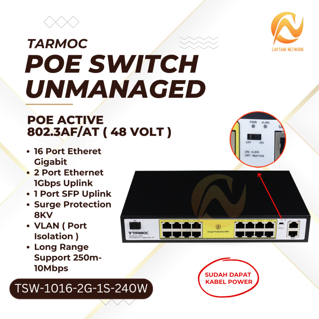 Tarmoc TSW-1016-2G-240W 16 Port Gigabit POE 802.3af/at POE Switch 240W