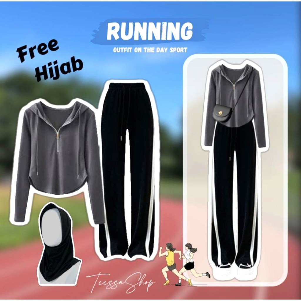 Running Outfit Olahraga - Setelan Baju Olahraga OOTD - One Set Wanita Korean Style