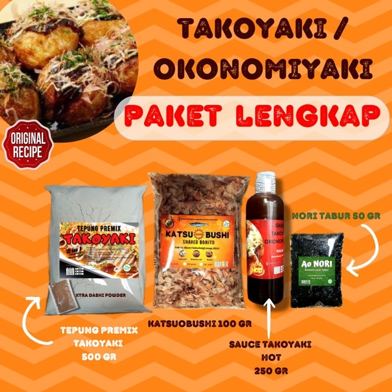 

Paket Bahan Takoyaki Okonomiyaki Praktis Tepung Premix Takoyaki & Okonomiyaki Topping Katsuobushi Ikan Cakalang asap serut Nori Flakes Tabur Aonori Sauce Takoyaki Okonomiyaki Original & Pedas Hot
