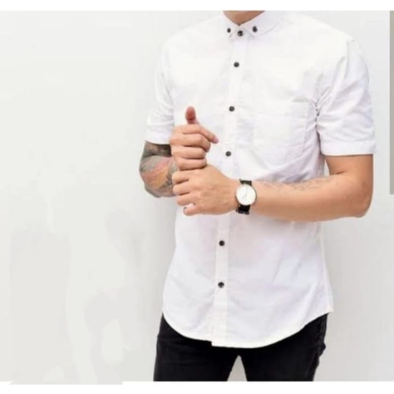 Kemeja Lengan Pendek Pria Jumbo XXL katun Polos Putih Hem Casual Cowo Dewasa Keren
