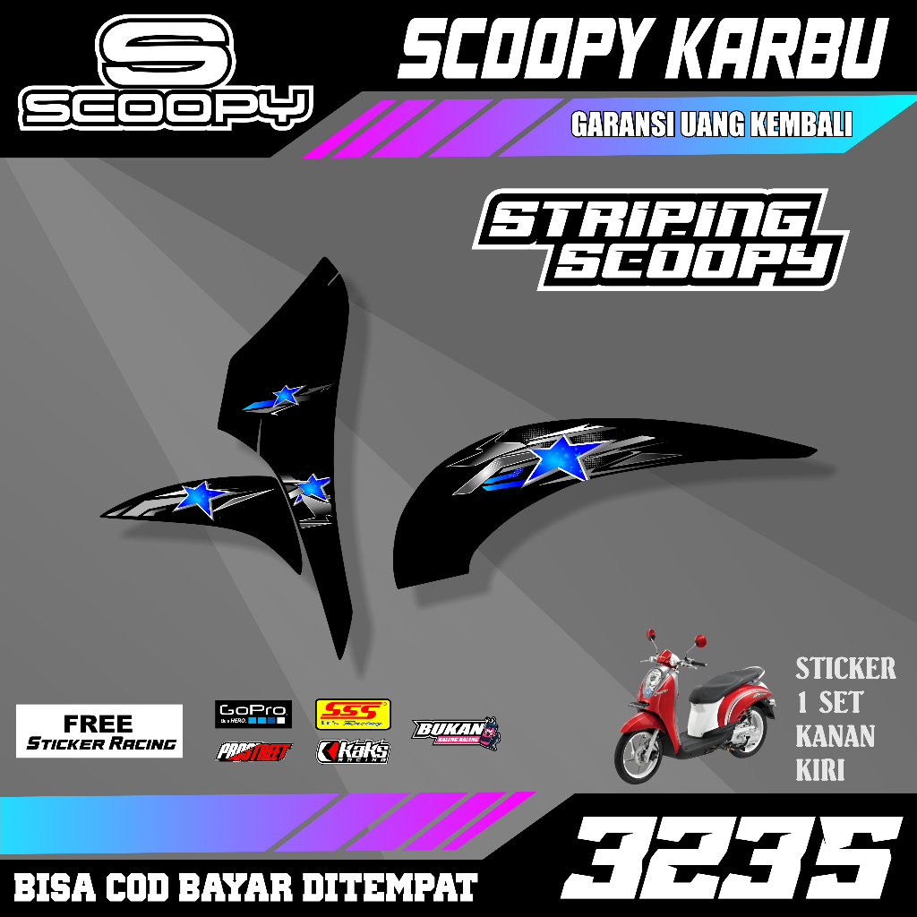Striping Scoopy Karbu motif Bintang Star setiker sticker variasi semi fullbody motor Honda Scoopy