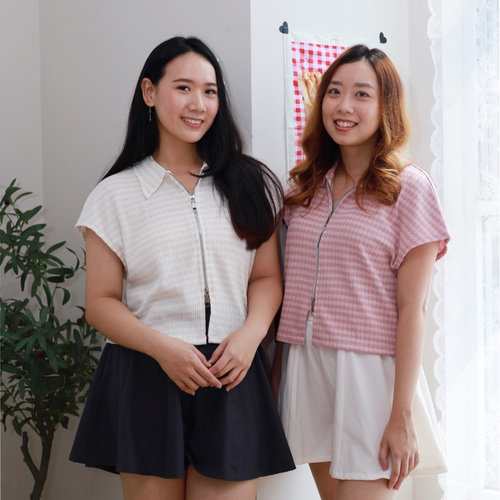 Janette Top Knit Zipper Korean Style Atasan Wanita Crop Sleting Double - Eleven Eleven Label