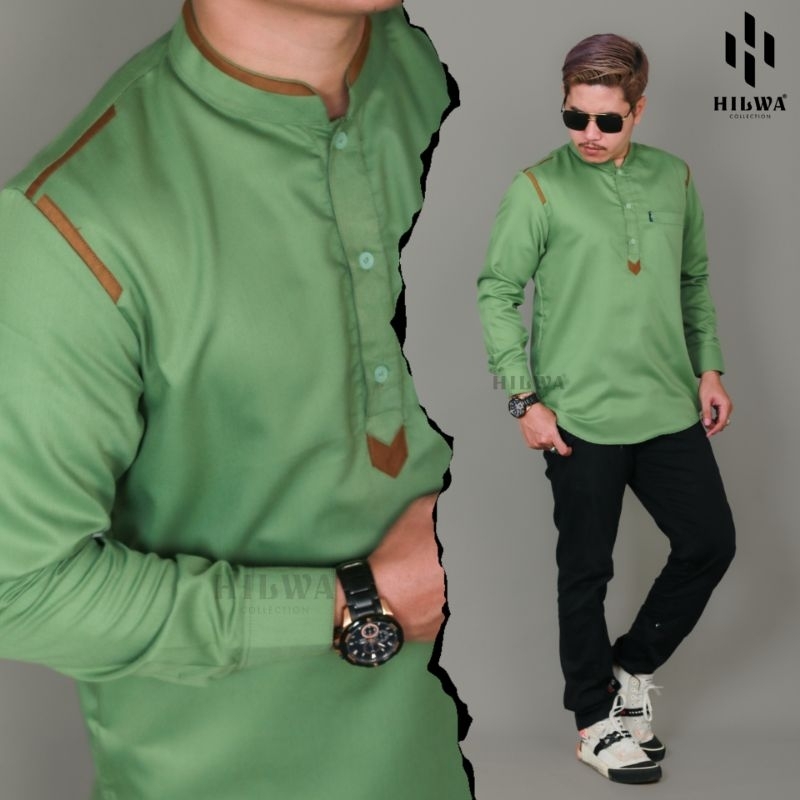 Baju Koko Melayu Pria Warna Hijau Apel Motif Hazard Size S M L XL XXL XXXL Jumbo