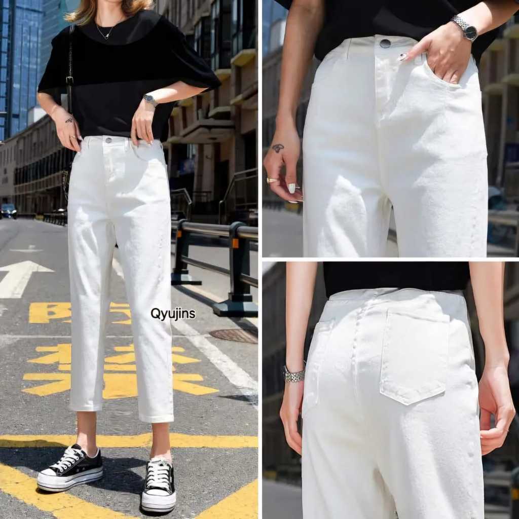 QYUJINS - WHITE BOYFRIEND JEANS / PUTIH BOYFRIEND JEANS / CELANA BIGSIZE HW BOYFRIEND JEANS WANITA