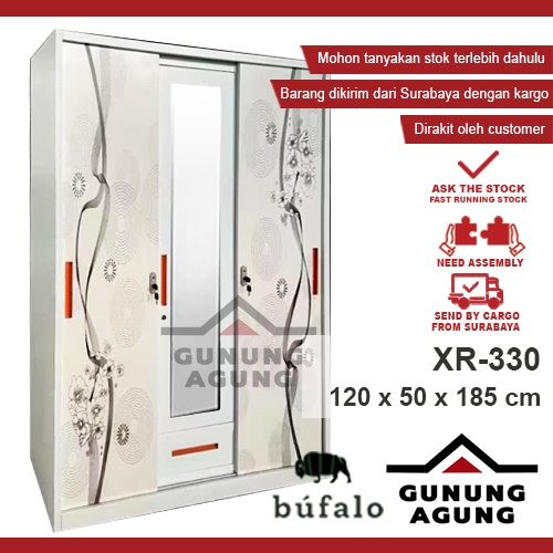 Lemari Baju Besi Cermin Sliding Swing XR-330 - Lemari Pakaian Besi 3 Pintu Besar 120