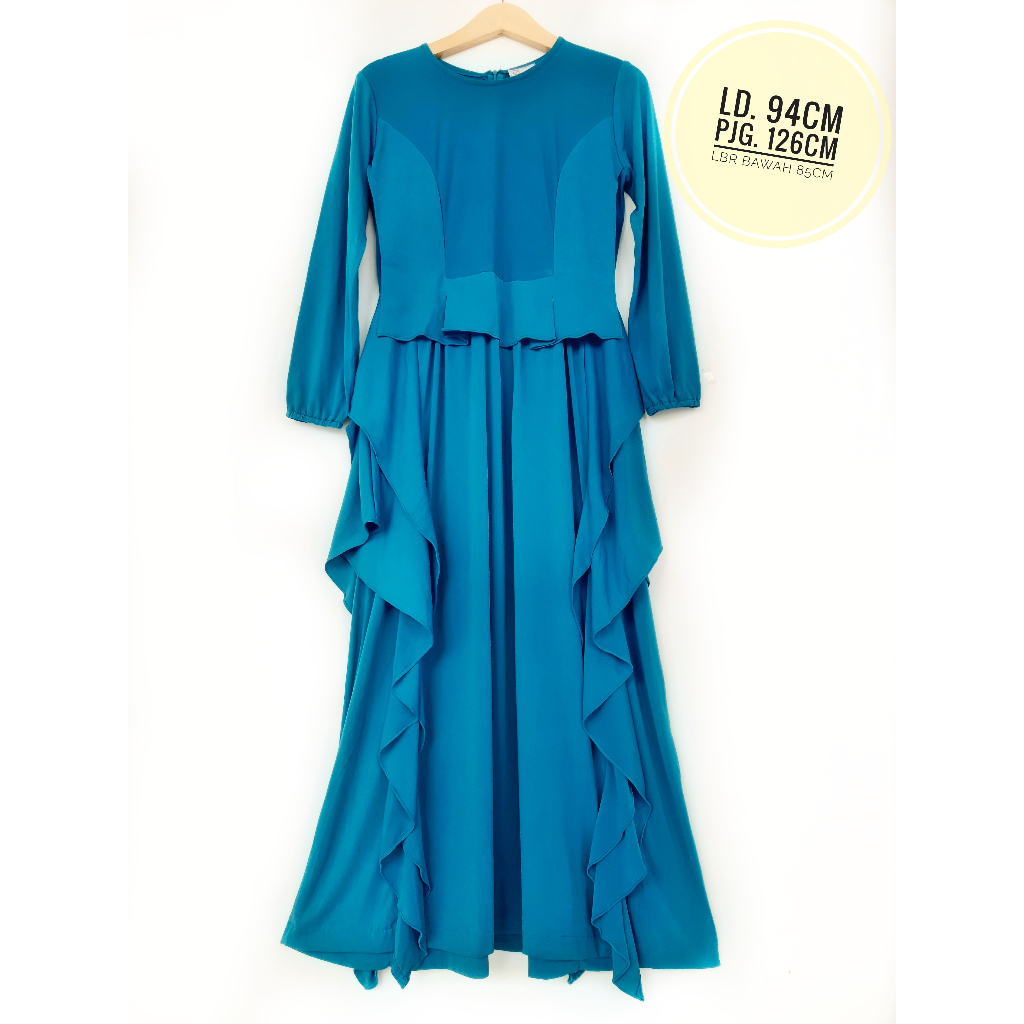 Gamis ruffle wanita jersey spandek biru tosca