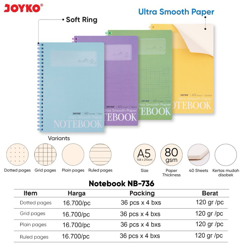 

Ring Notebook NB-736 / Buku Tulis Dotted Garis Grid Polos / Buku Catatan Matematika A5 / Agenda Soft Cover Joyko