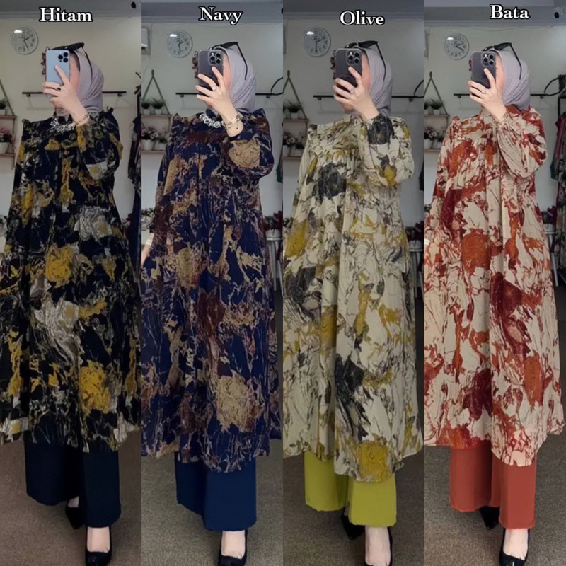 SETELAN TUNIK NADIRA SEMI JUMBO MODEL TERBARU VIRAL KEKINIAN/ONESET TUNIK VIRAL TERBARU SETELAN KULO