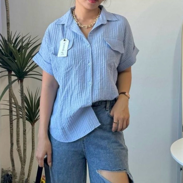 READY Shirt Top Atasan Wanita Korea / Blouse Lengan Pendek Baju Pocket E.105