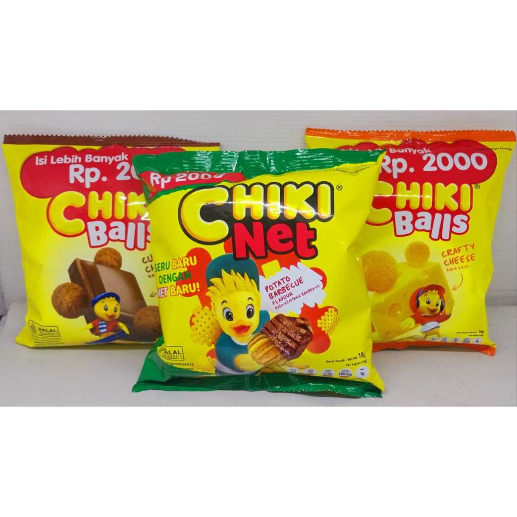 

Jajanan Chiki/Snack Chiki Balls Keju dan Coklat & Chiki Nett BBQ Flavour Kemasan Jajanan 2000an