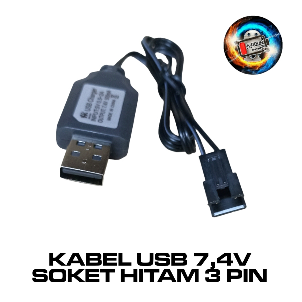 Kabel Cas Baterai Mobil RC Model USB Soket Hitam 3Pin Panjang 50cm