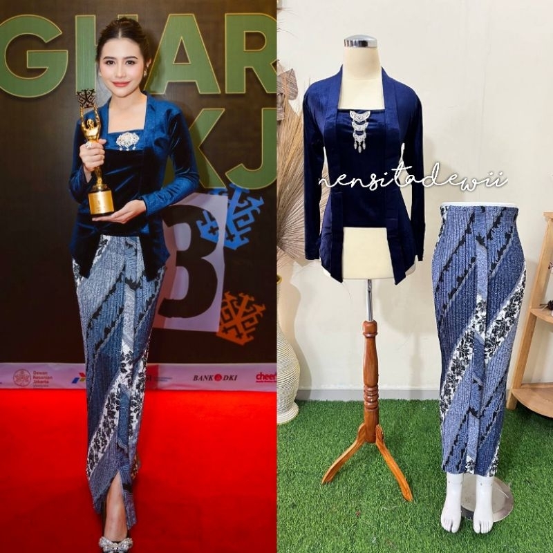 [1 Set, Navy - Kak Prilly] Kebaya Kutubaru Bludru + Rok Plisket / Motif Lereng Biru
