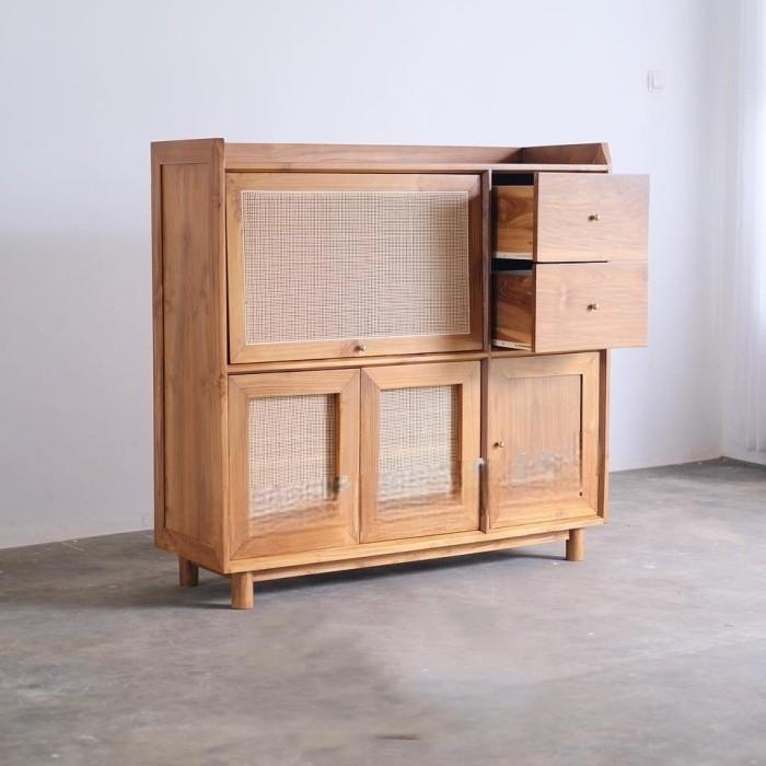 Lemari Rak Dapur Minimalis Kayu Jati, Almari Rak Minimalis Kayu Rotan| Mebel Jepara