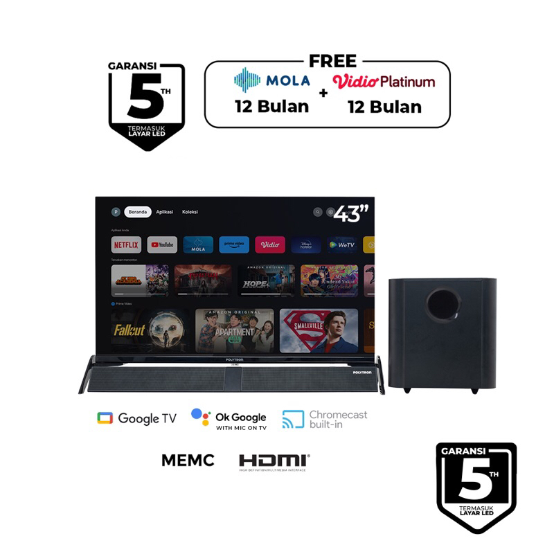 Google Tv Polytron Android 43" Cinemax Soundbar Tv android polytron 43 inch