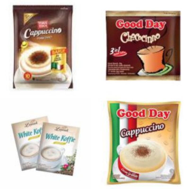 

Good Day Cappucino | Torabika Cappucino | Good Day Chococinno | Good Day Vanilla latte | Luwak White 1 renceng