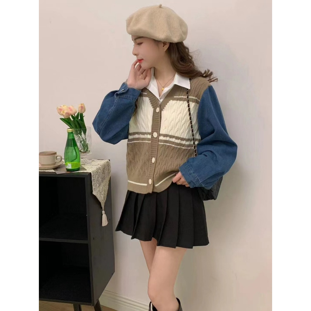 [PREMIUM] Berynette 0276 Sweetheart Top Denim Stripes Croptop Jaket Hoodie