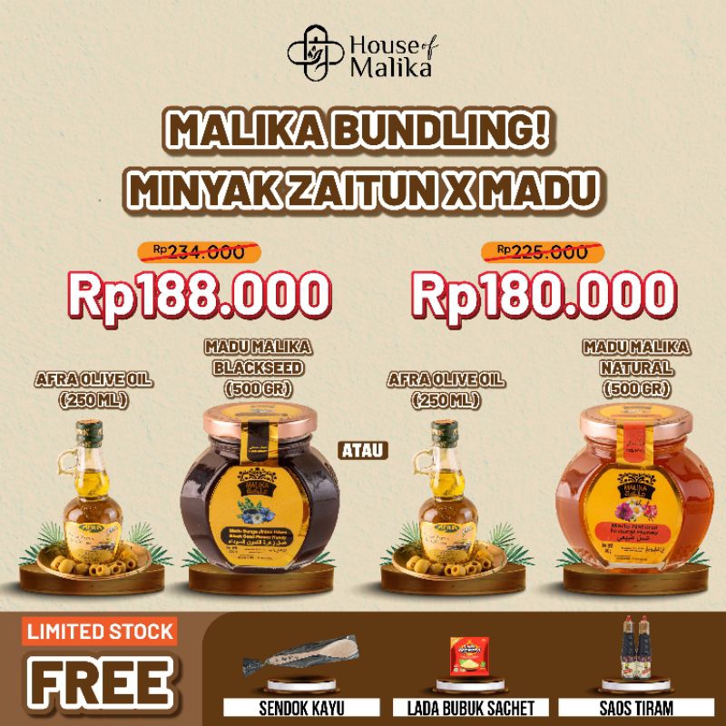 

BUNDLING PAKET HEMAT Madu Malika 500gr & Afra Olive Oil Handle 250ml