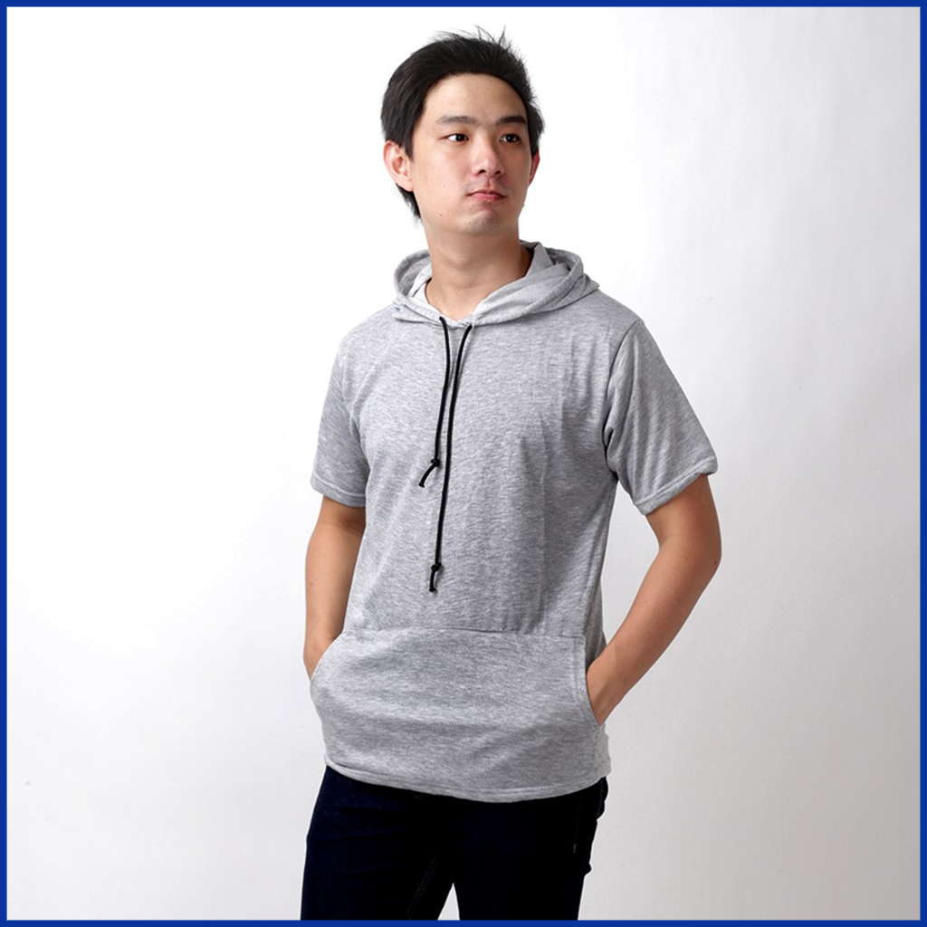 Baju Kaos Tshirt Hoodie Pria Lengan Pendek T-Shirt Terry Polos dengan Kantong