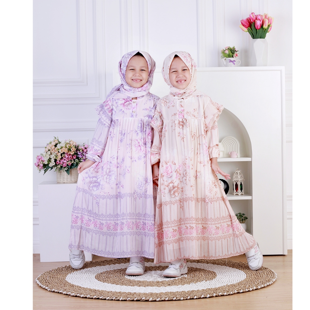 Dungdungkids Gamis Anak Vanesha Ceruty Motif Bunga Plisket Free Jilbab Segi Empat 5 - 11 Tahun