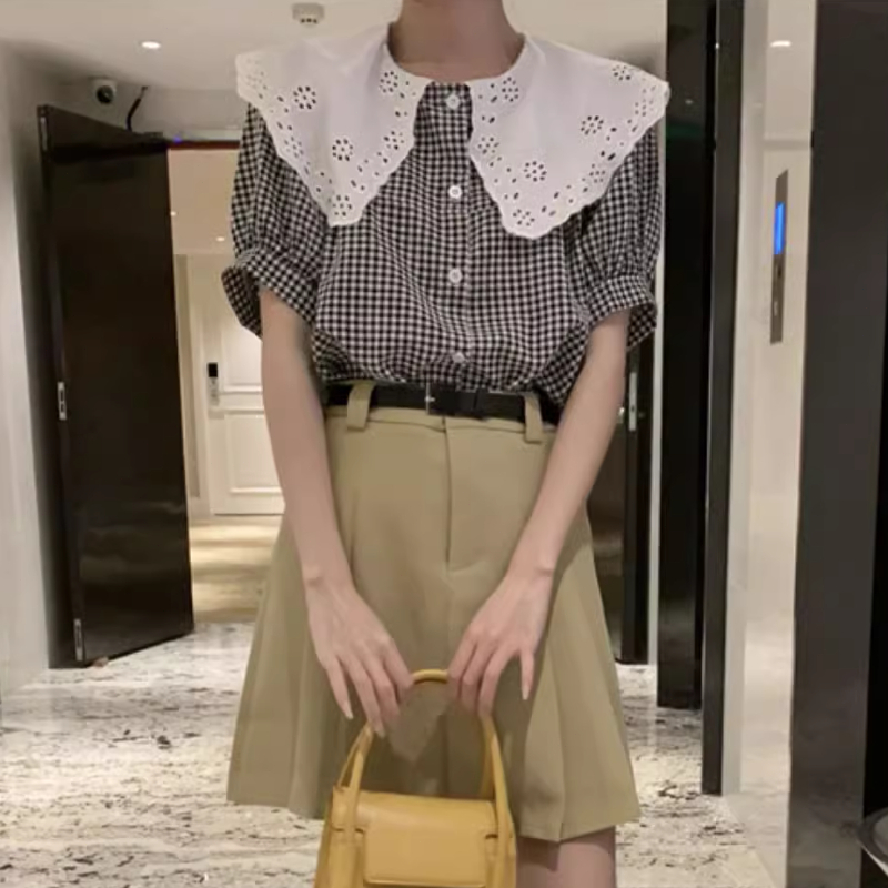 【MOOGU】 Kemeja kotak-kotak lengan pendek wanita korea blouse