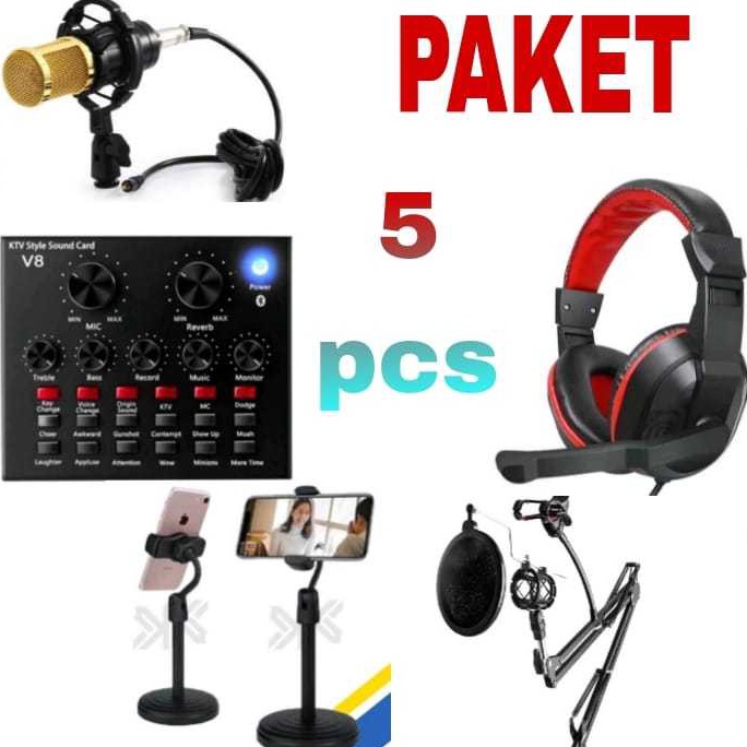 Paket Soundcard V8S n Condensore Mic Bluetooth dan Mic live streaming Audio USB External Soundcard h