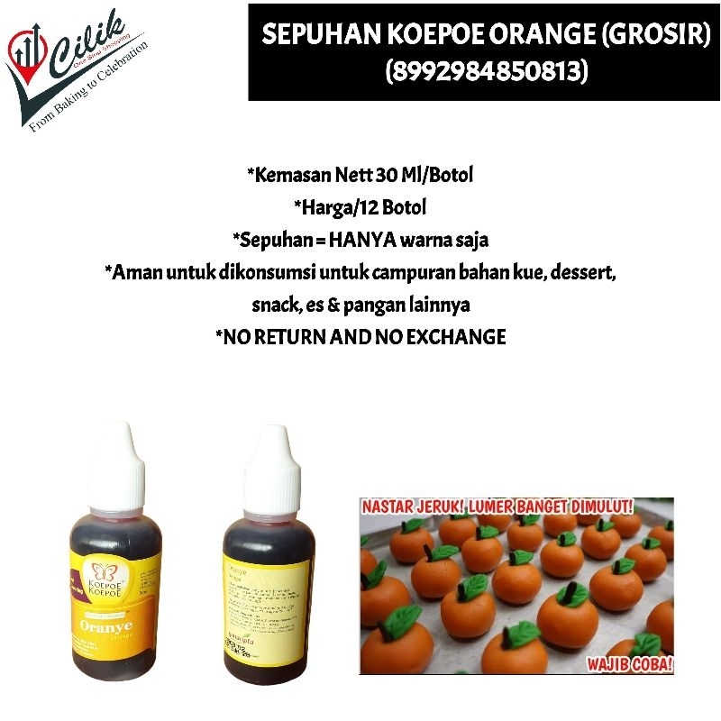 

sepuhan+color+cair+water+food grade+aman dikonsumsi+merk+koepoe+kupu+butterfly+warna+bahan+kue+adonan+roti+donat+makanan+masakan+cake+krim+buttercream+fondant+orange