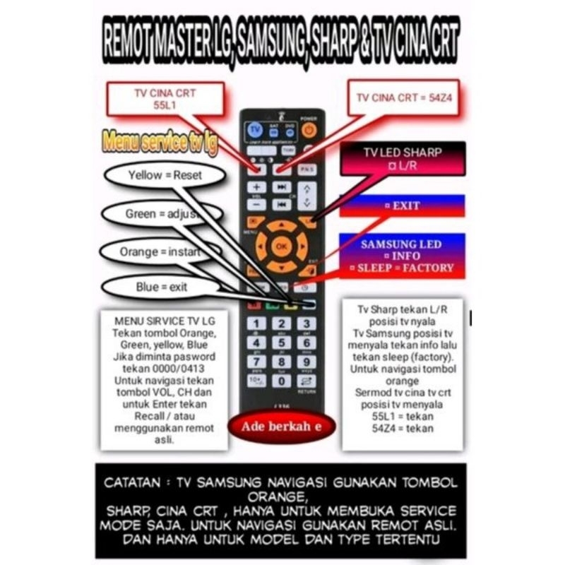 REMOT SERVICE MODE TV LG SAMSUNG SHARP TV CINA CRT