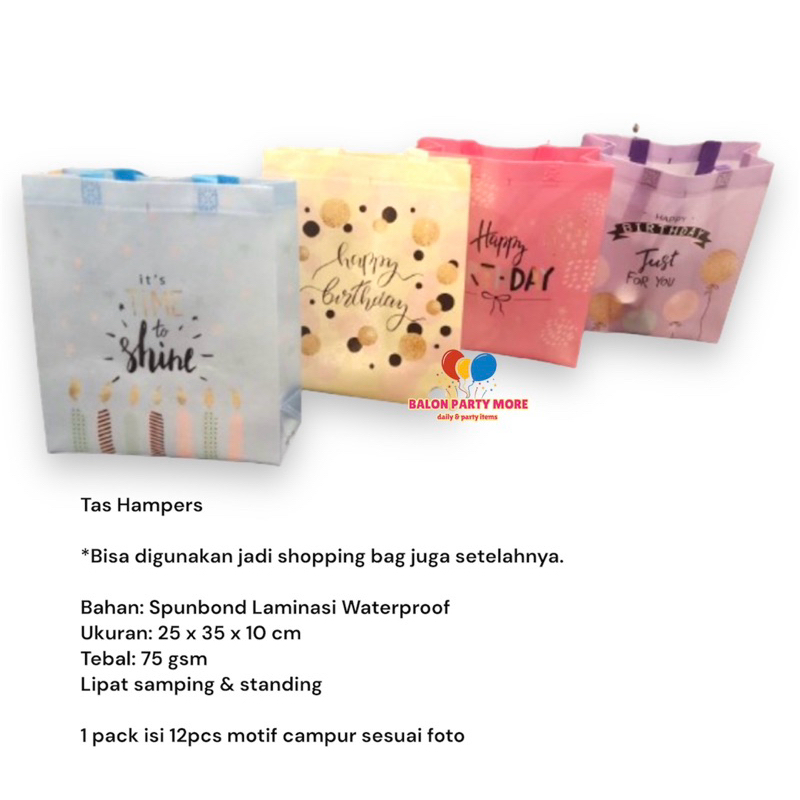 

(ISI 12 PCS TULISAN HBD) TAS HAMPERS SOUVENIR BESAR BAHAN SPUNBOND LAMINASI UKURAN 25cm x 35cm x 10cm/ TAS SERBAGUNA ANTI AIR MURAH