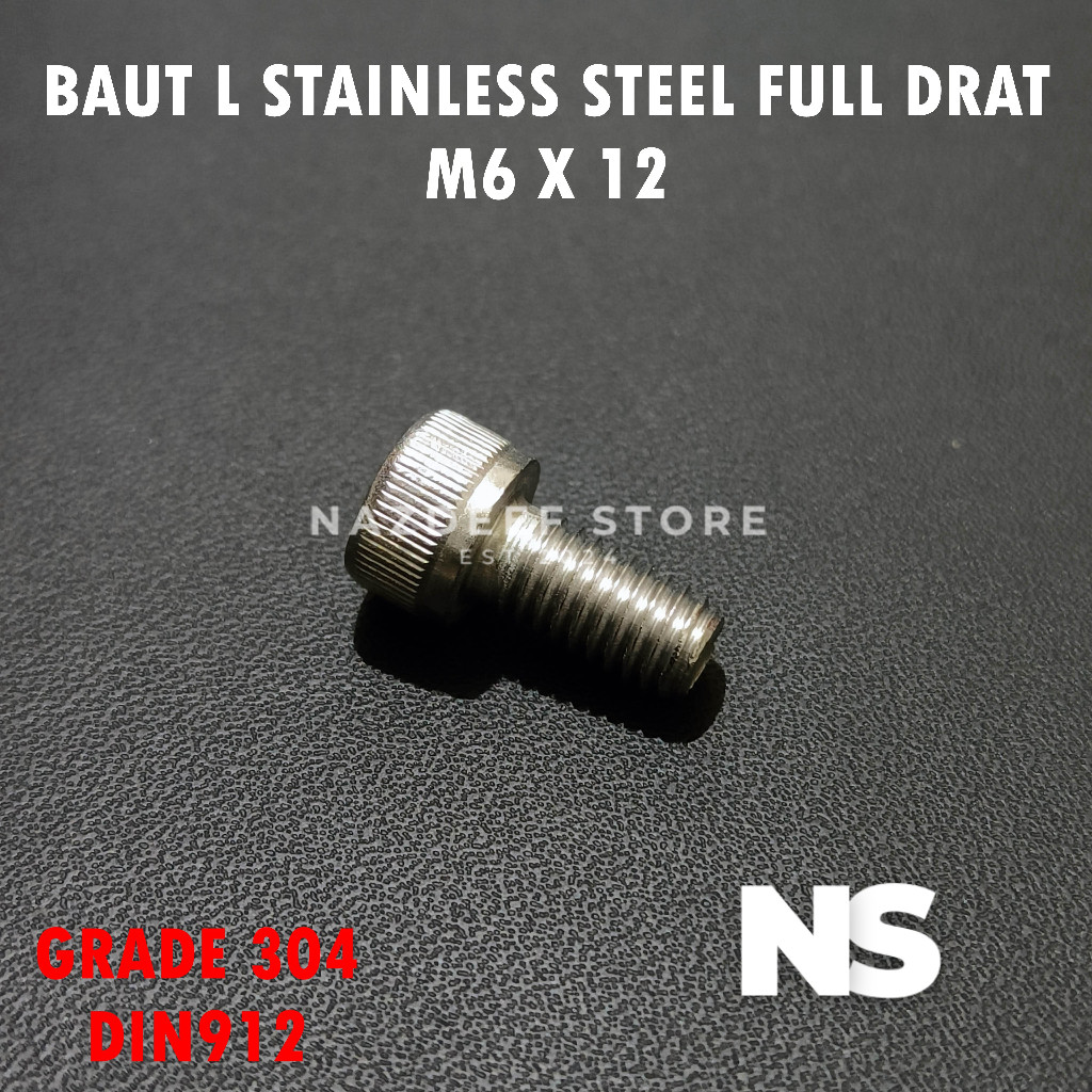 Baut L M6x12 M6 x 12 Stainless Full Drat